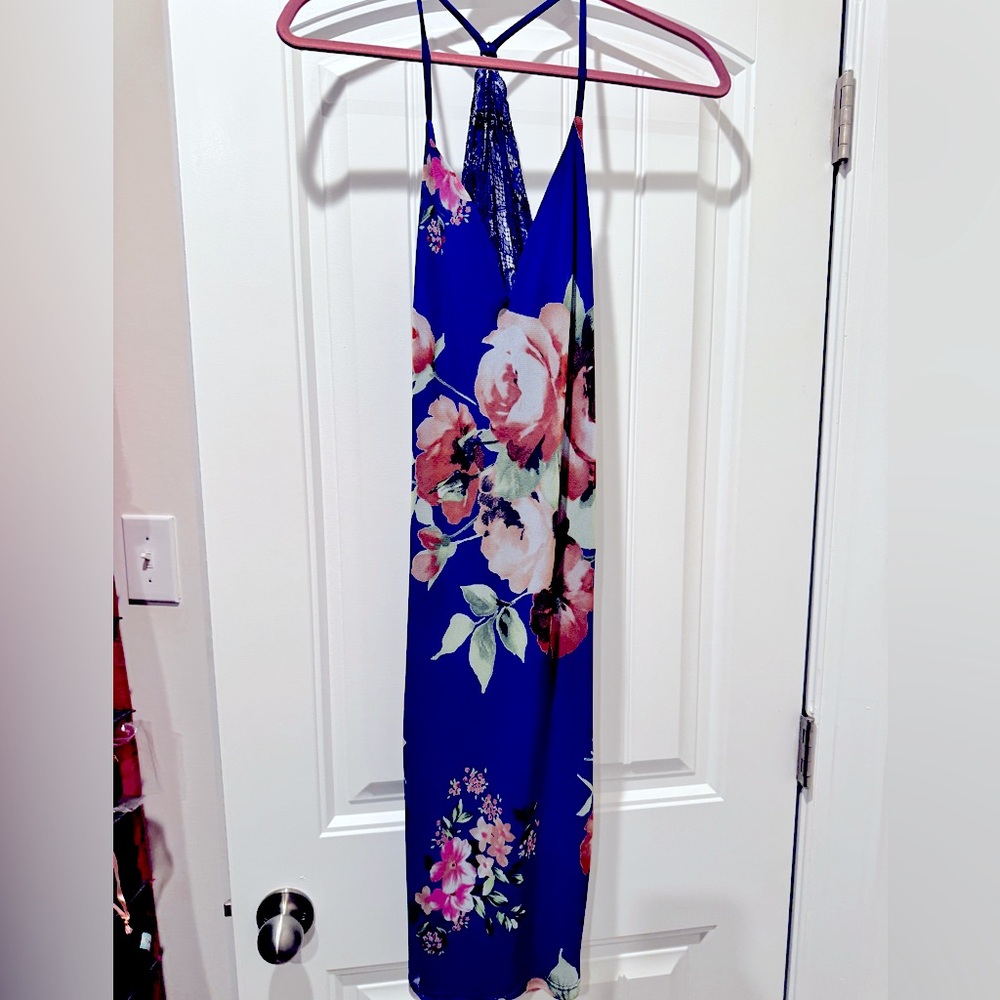 Floral V neck Midi Dress - Blue